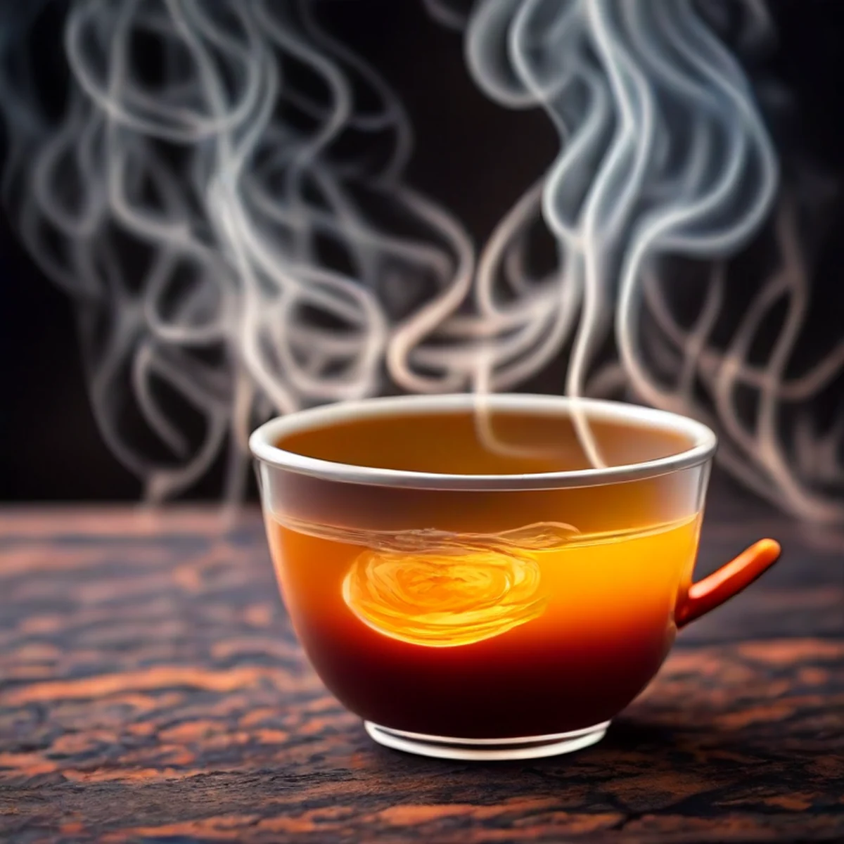 Dettaglio di tè Pu-erh scuro e ambrato in una tazza di ceramica