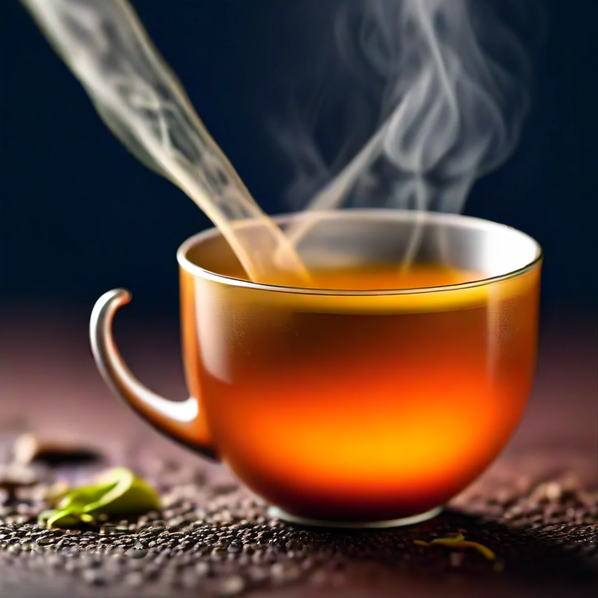 Close-up de chá Pu-erh sendo servido em uma xícara de cerâmica.