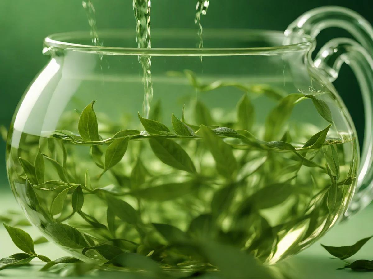 Close-up of green tea leaves spreading out vividly as hot water is poured.