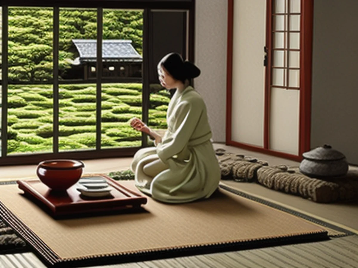 A serene indoor scene overlooking a traditional garden, sipping tea. Wooden columns and white walls are visible, with a quiet atmosphere hovering above the teacup.