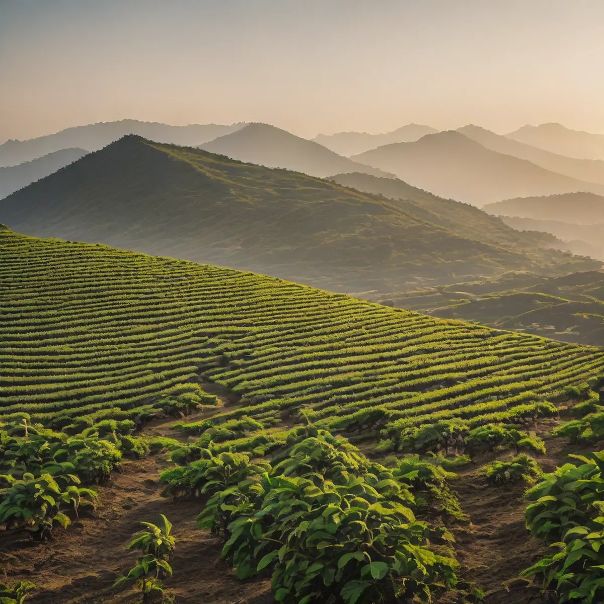 A wide studio-lit photograph of terraced green tea fields with harvesting baskets