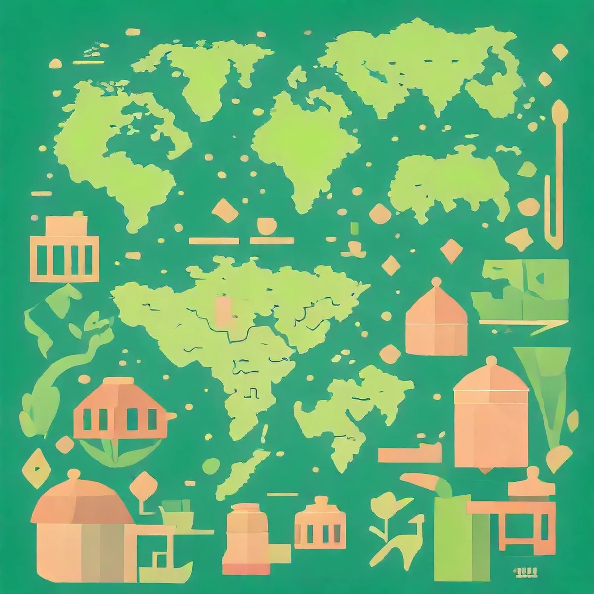 Una ilustración vectorial plana de un montaje minimalista de ceremonia de té verde con acentos de bambú y piedra