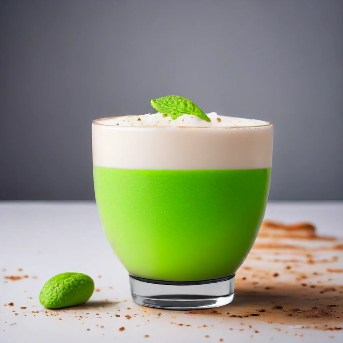 Ein moderner Matcha-Latte mit cremischem Schaum in einem Glas