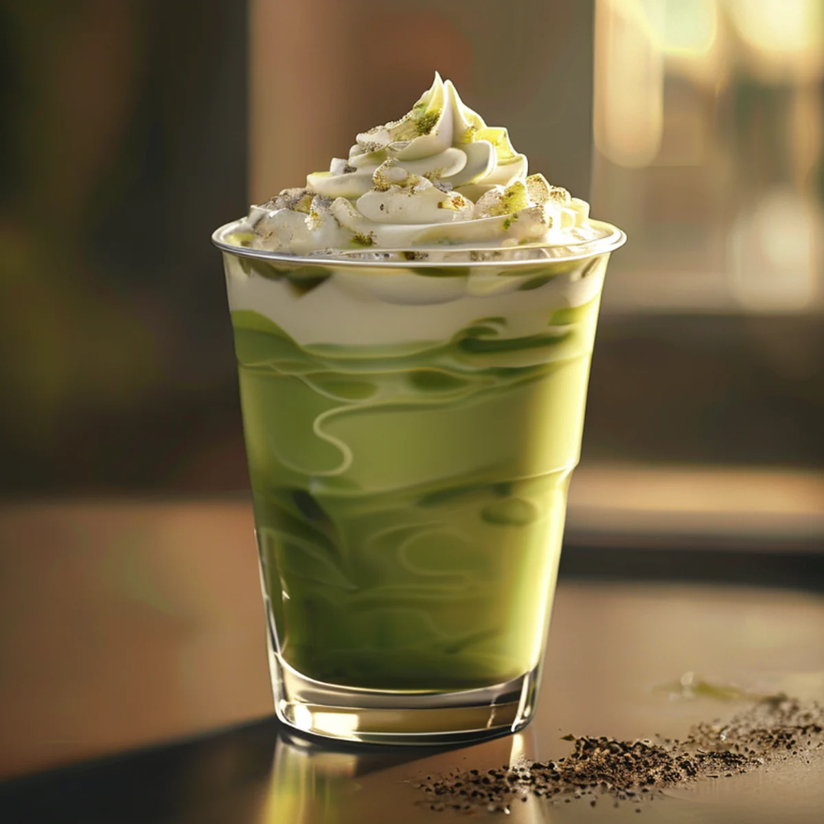 Latte de matcha helado con capas de leche y té verde