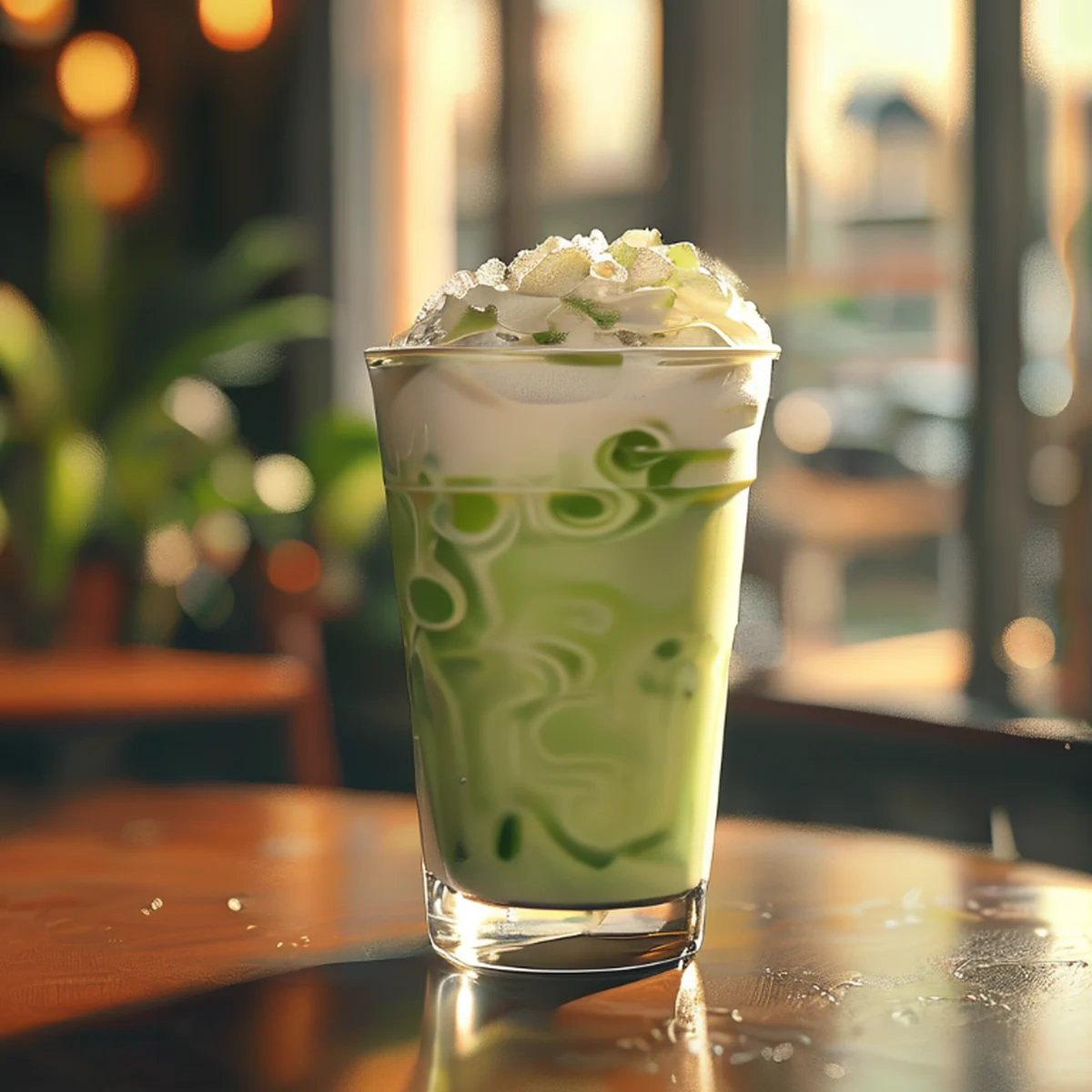 Matcha latte freddo con strati di latte e tè verde