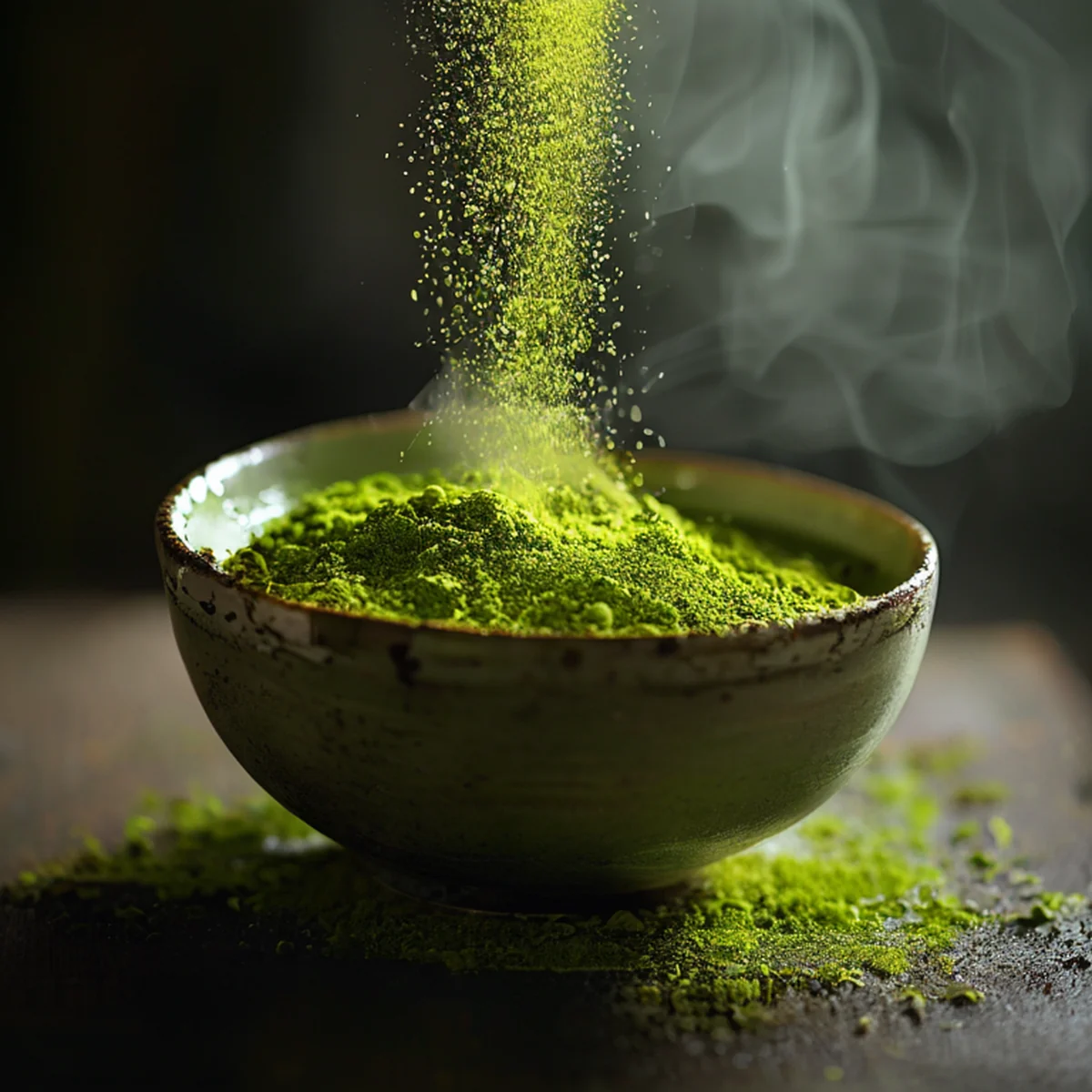 細膩的抹茶粉末篩落至陶瓷碗中的特寫