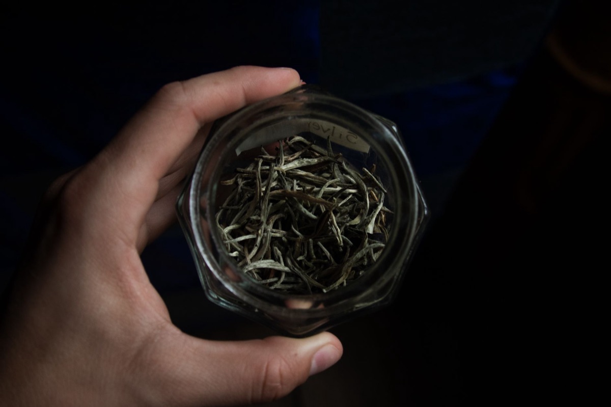 放置在木質桌面上的乾燥普洱茶葉