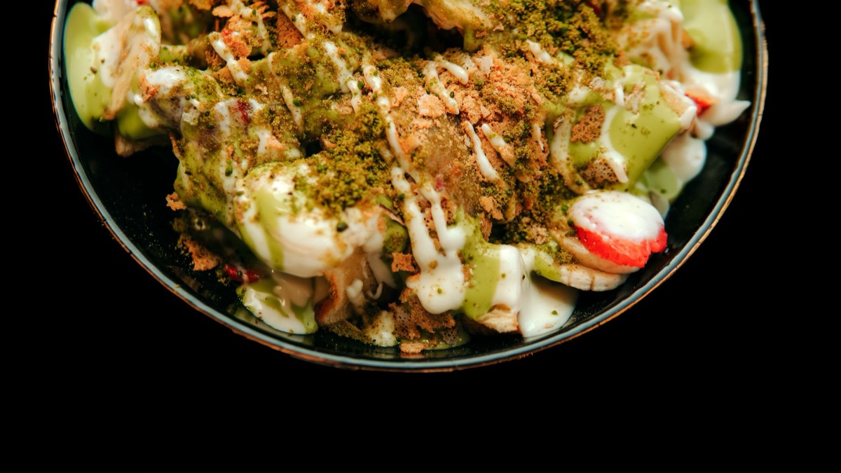 Matcha-infused sweet foam topping a delicate pastry