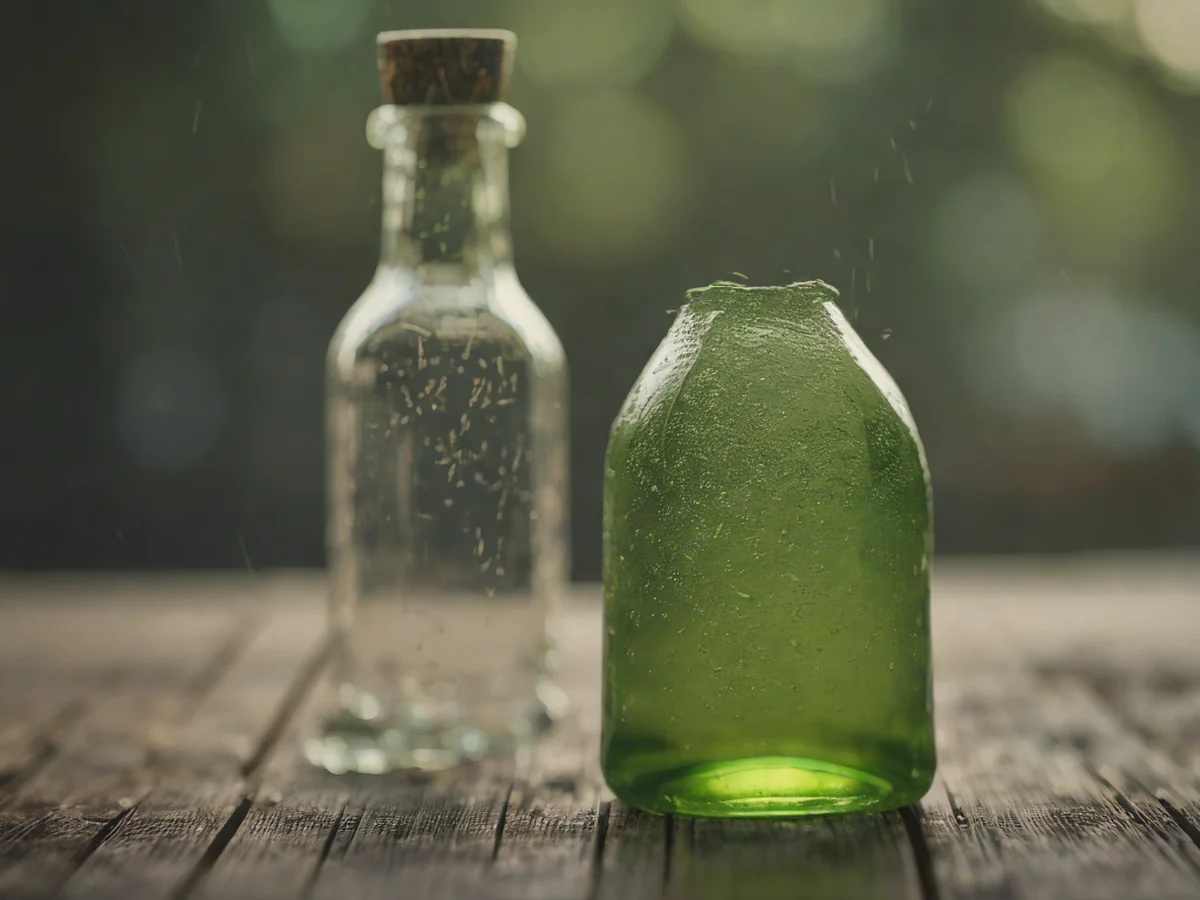 A clear soju bottle in a transparent glass container, with glistening droplets forming on its cooled surface