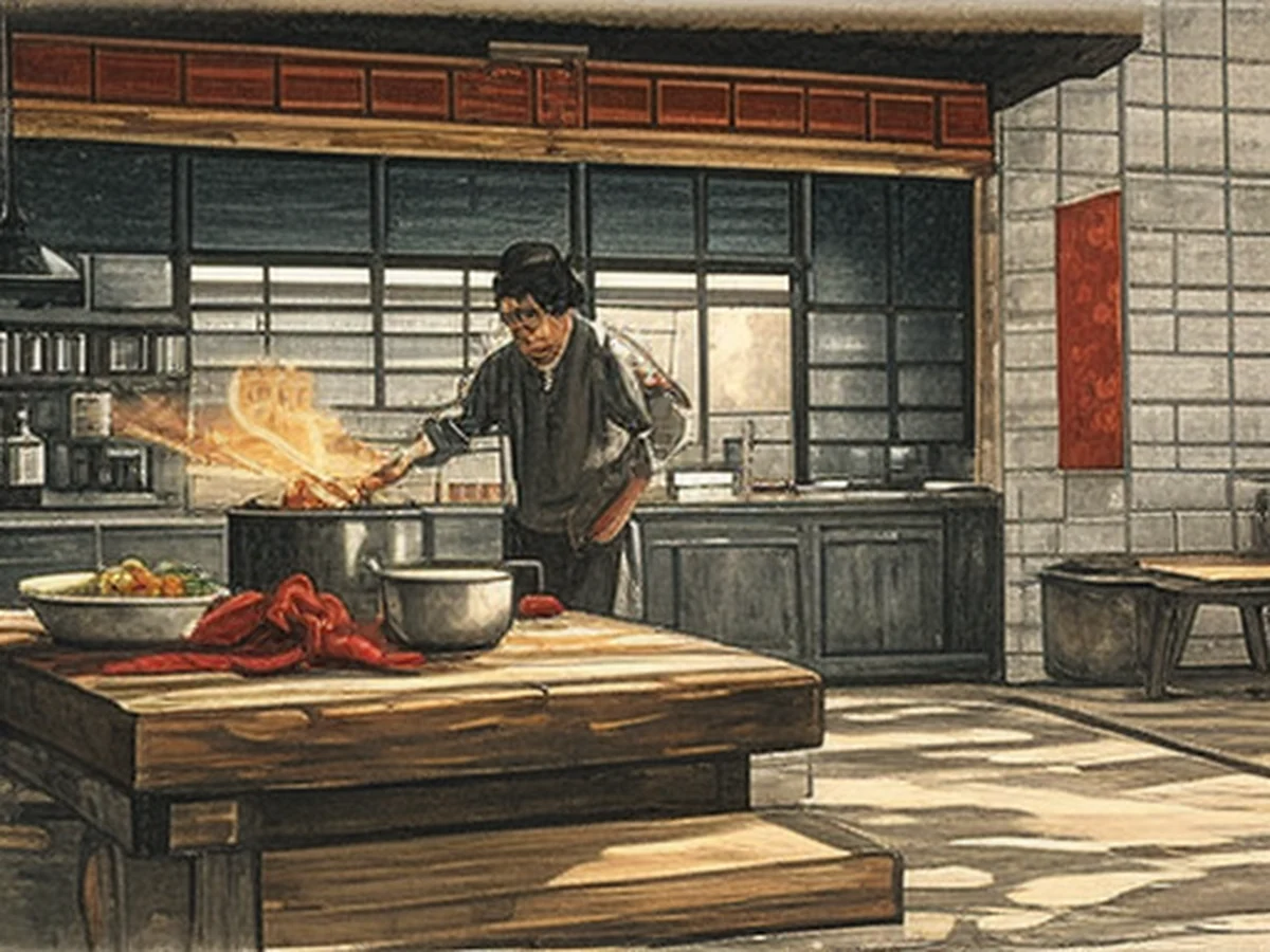 A cozy atmosphere in a traditional Korean kitchen where two people share soju and kimchi while chatting late at night.