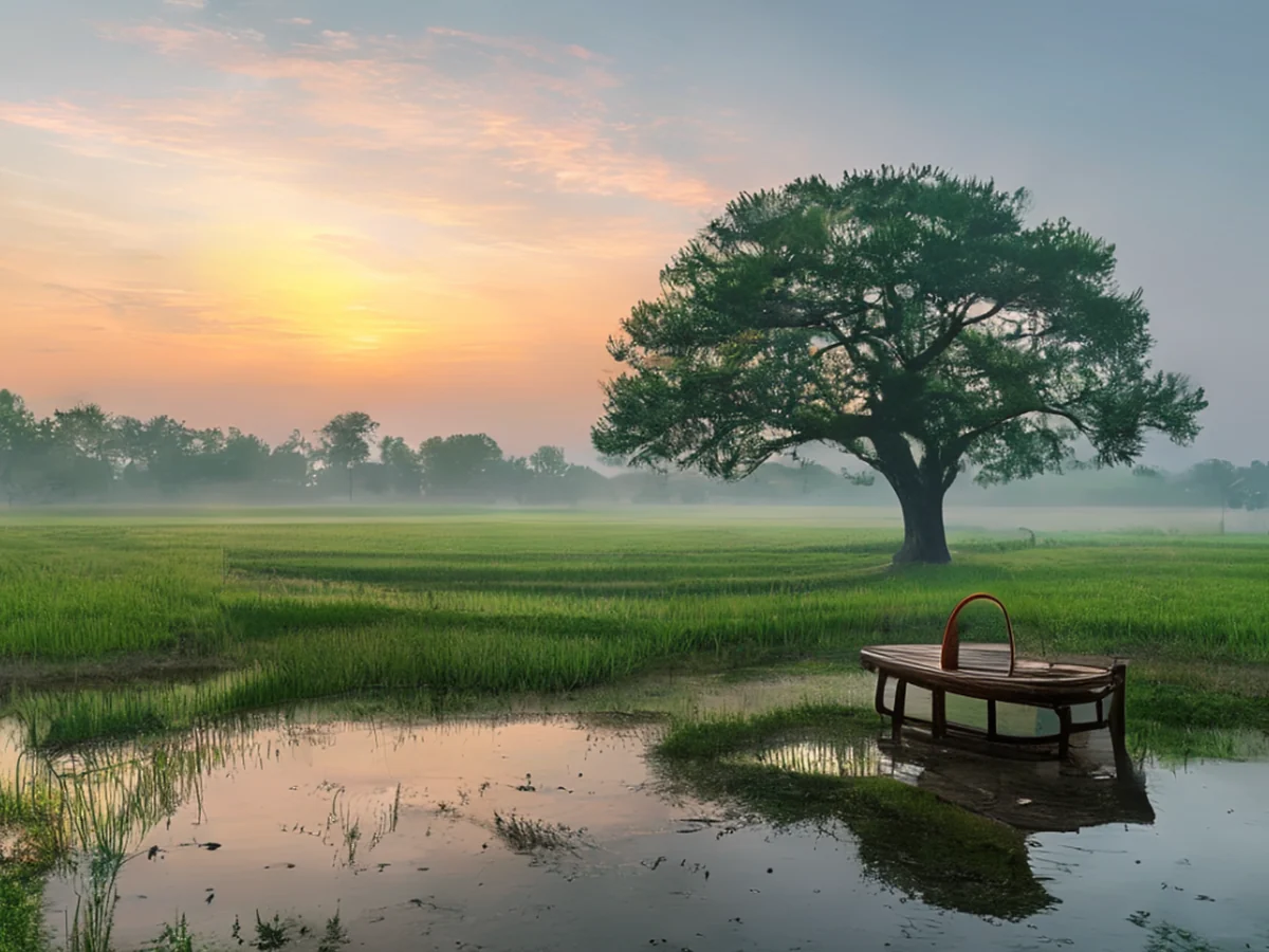 Landscape of a rice field at dawn with rising mist, blending natural textures of water droplets and leaves